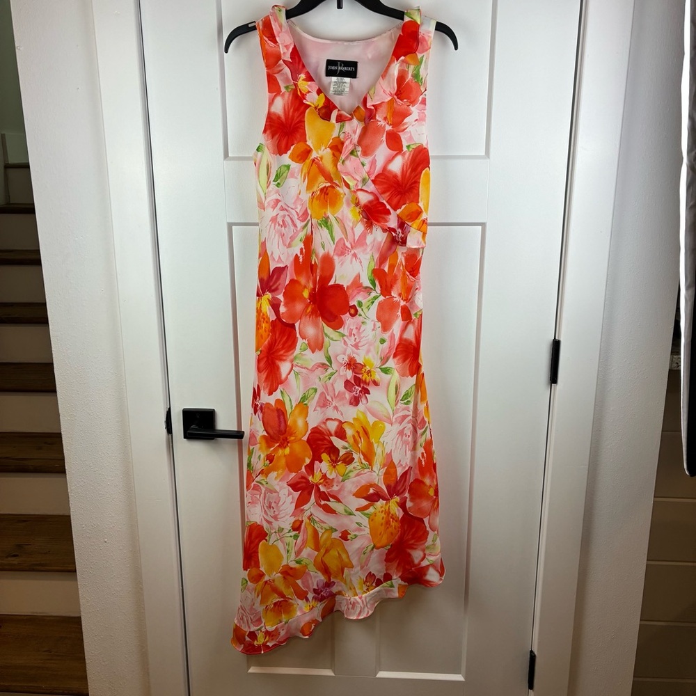 Vintage John Roberts Women's Orange Ruffle Summer Floral Lined Dress Size 8 e